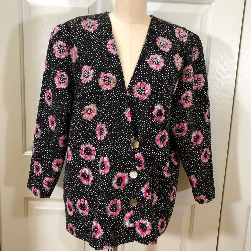 Vintage Floral Handcrafted Custom Made Lined Silk Jacket Beads Size XL